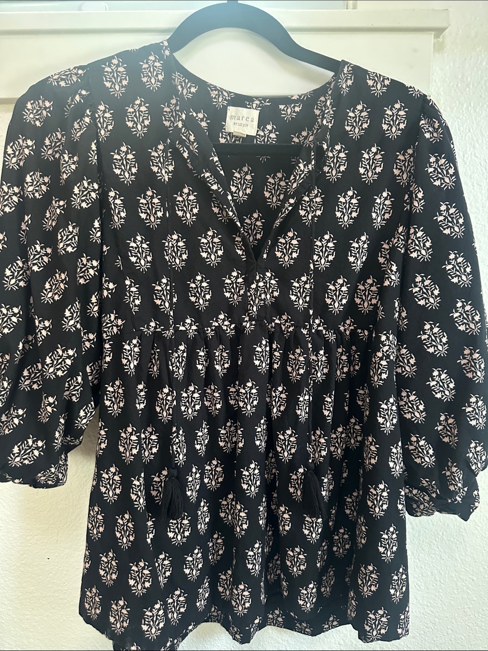 Marea Black blouse with Floral Medallions. Size M.